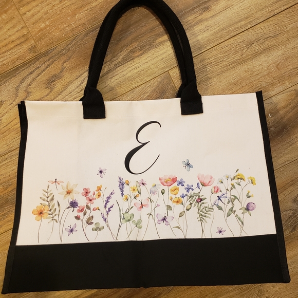 Amazon Essentials Handbags - Monagrammed "E" White Canvas Tote with Black Trim & Multicolor Floral Print
